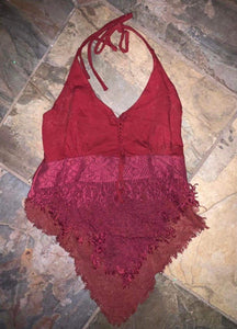 V Halter Top with Lace and Fringe